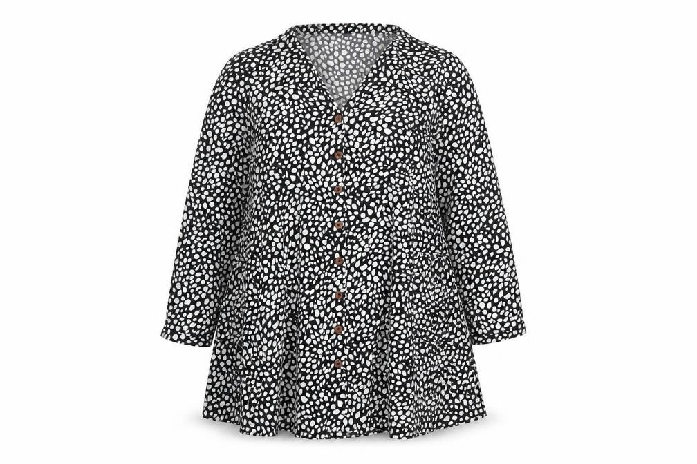 Front view of Missguided women’s black geometric polyester trapeze & swing, size UK 16, v-neck button