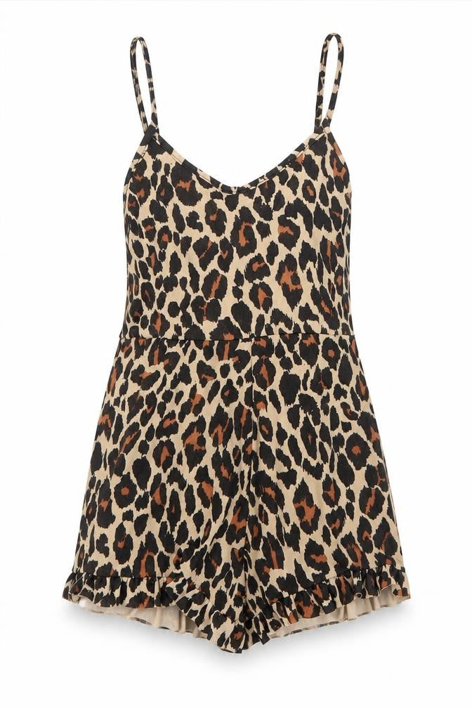 Front view of I SAW IT FIRST women’s brown animal print polyester playsuit one-piece, size UK 6, pullover - leopard print