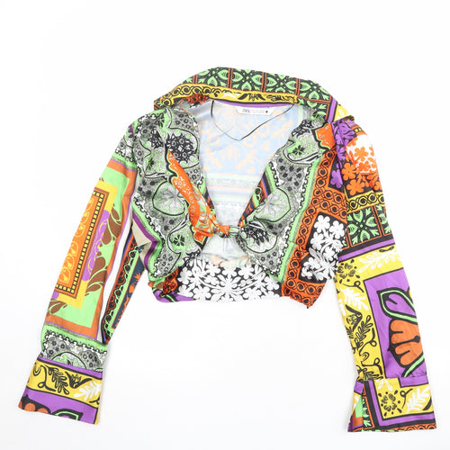 Zara Womens Multicoloured Geometric Polyester Cropped Blouse Size S Collared - Twist Detail