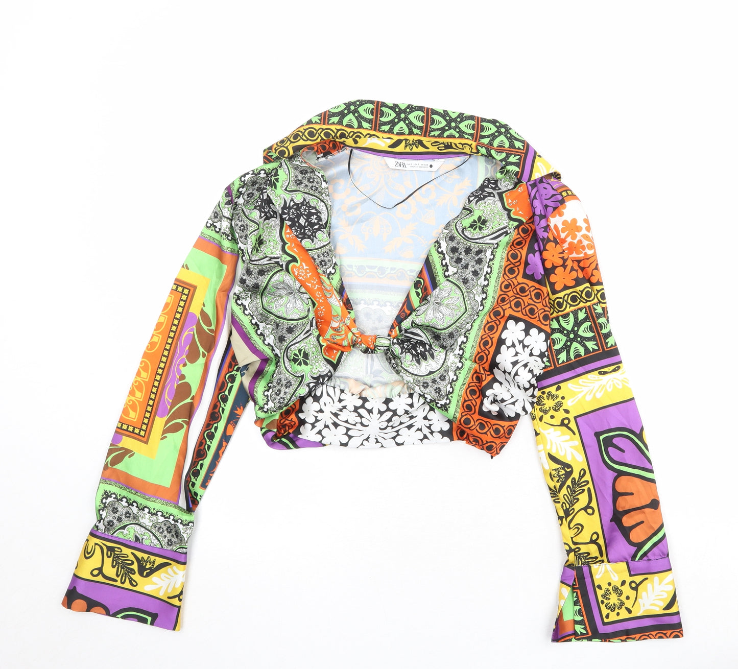 Zara Womens Multicoloured Geometric Polyester Cropped Blouse Size S Collared - Twist Detail