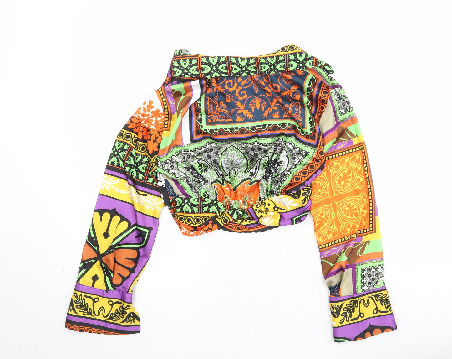 Zara Womens Multicoloured Geometric Polyester Cropped Blouse Size S Collared - Twist Detail