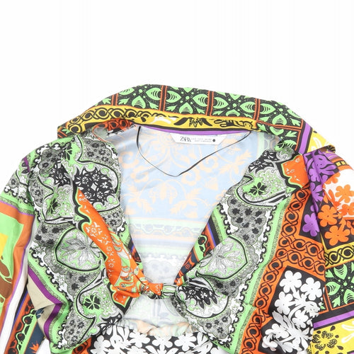 Zara Womens Multicoloured Geometric Polyester Cropped Blouse Size S Collared - Twist Detail