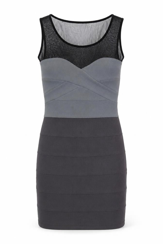 Front view of Miss Selfridge women’s grey colourblock polyester bodycon, size UK 12, round neck pullover