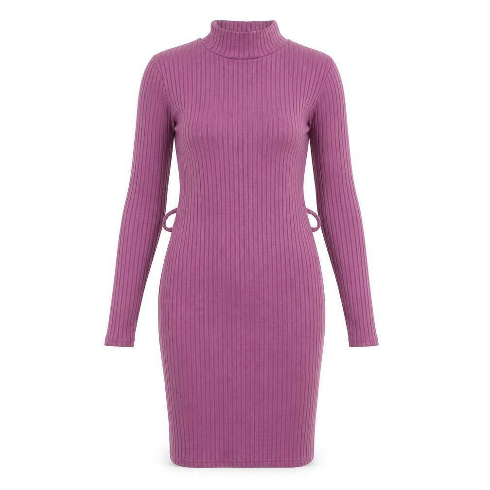 Front view of PRETTYLITTLETHING women’s purple polyester bodycon, size UK 8, mock neck pullover