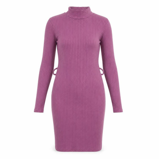 Front view of PRETTYLITTLETHING women’s purple polyester bodycon, size UK 8, mock neck pullover