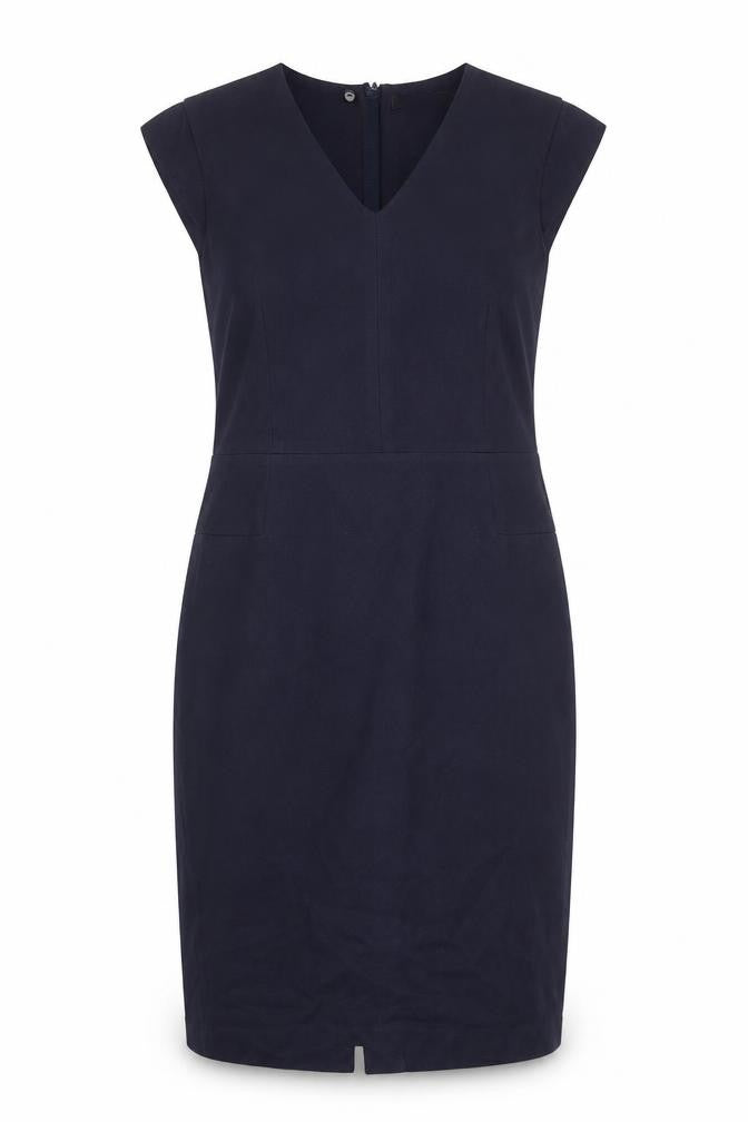 Front view of Next women’s blue polyester shift, size UK 12, v-neck zip