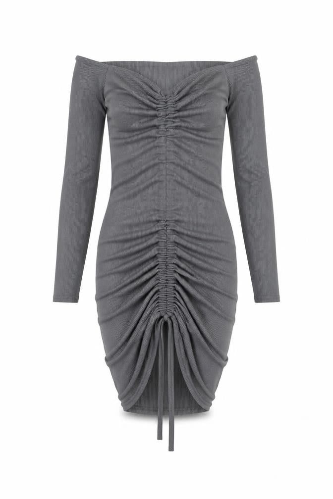 Front view of PRETTYLITTLETHING women’s grey polyester bodycon, size UK 6, v-neck pullover