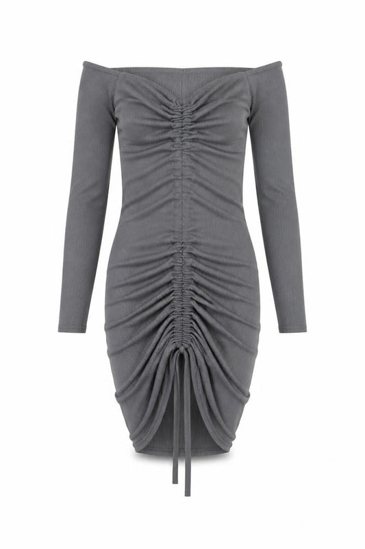 Front view of PRETTYLITTLETHING women’s grey polyester bodycon, size UK 6, v-neck pullover