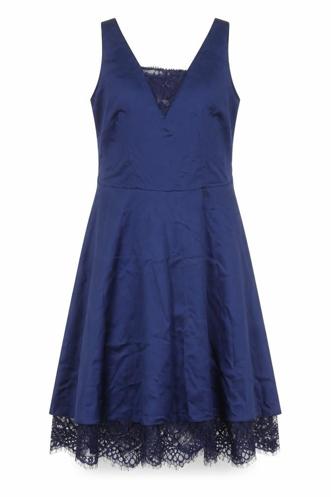 Front view of Paraphrase women’s blue polyester fit & flare, size M, square neck zip