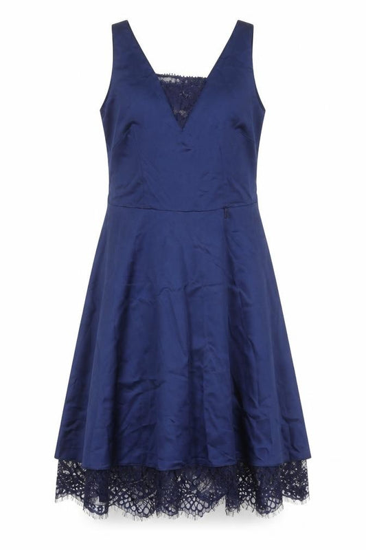 Front view of Paraphrase women’s blue polyester fit & flare, size M, square neck zip