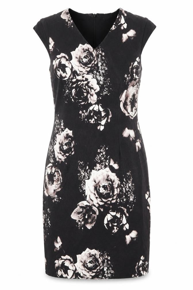 Front view of Precis women’s black floral viscose shift, size UK 14, v-neck zip