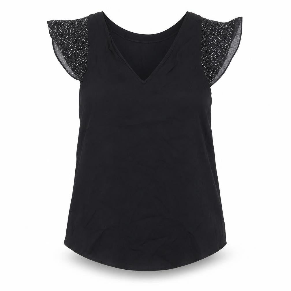 Front view of Oasis women’s black polyester basic blouse, size UK 10, v-neck