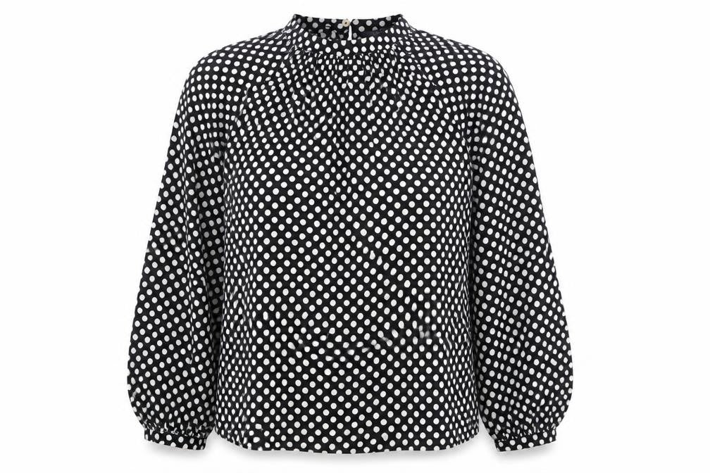 Front view of Marks & Spencer women’s black polka dot polyester basic blouse, size UK 12, round neck - pleated detail