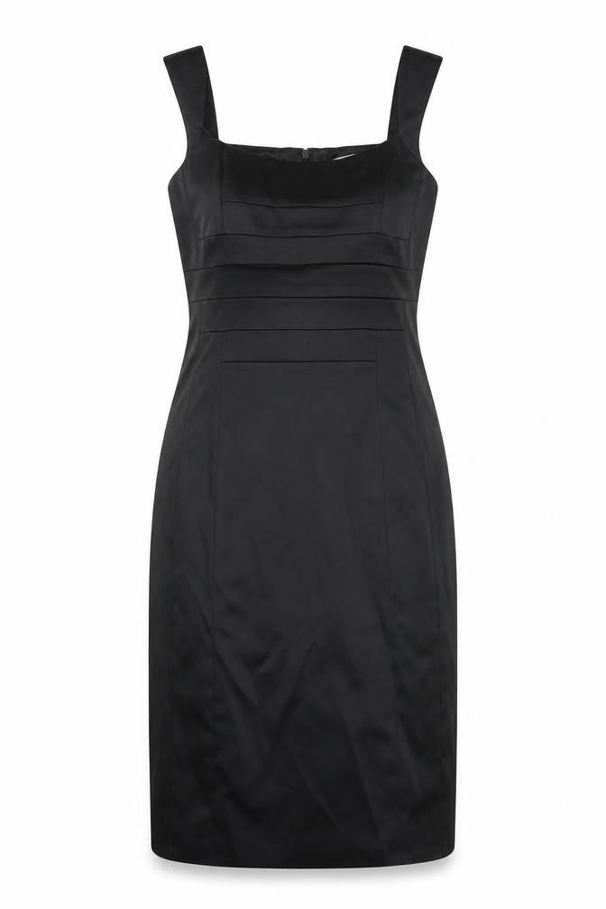 Front view of Jax women’s black acetate sheath, size UK 10, square neck zip