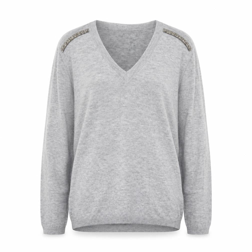 Front view of Season women’s grey v-neck polyester jumper, size XL