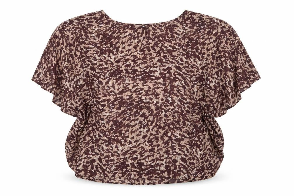 Front view of Next women’s brown animal print polyester basic blouse, size UK 14, boat neck
