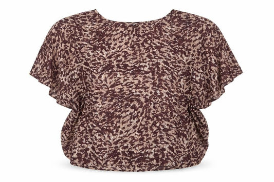 Front view of Next women’s brown animal print polyester basic blouse, size UK 14, boat neck