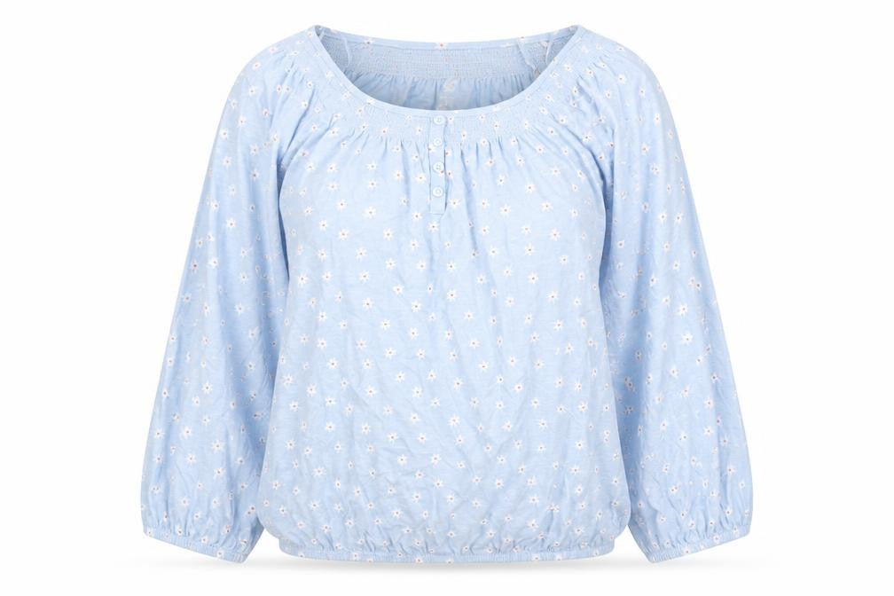 Front view of M&Co women’s blue floral cotton basic blouse, size UK 8, boat neck