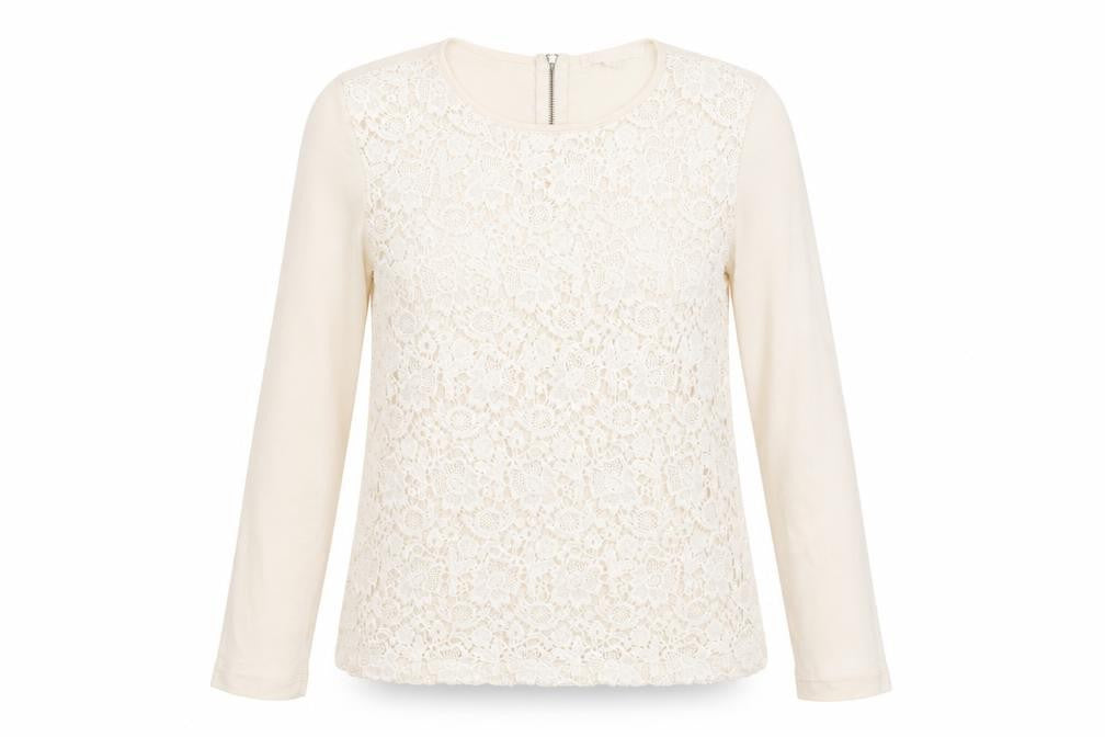 Front view of Trenery women’s beige cotton basic blouse, size XS, round neck - crocheted lace front