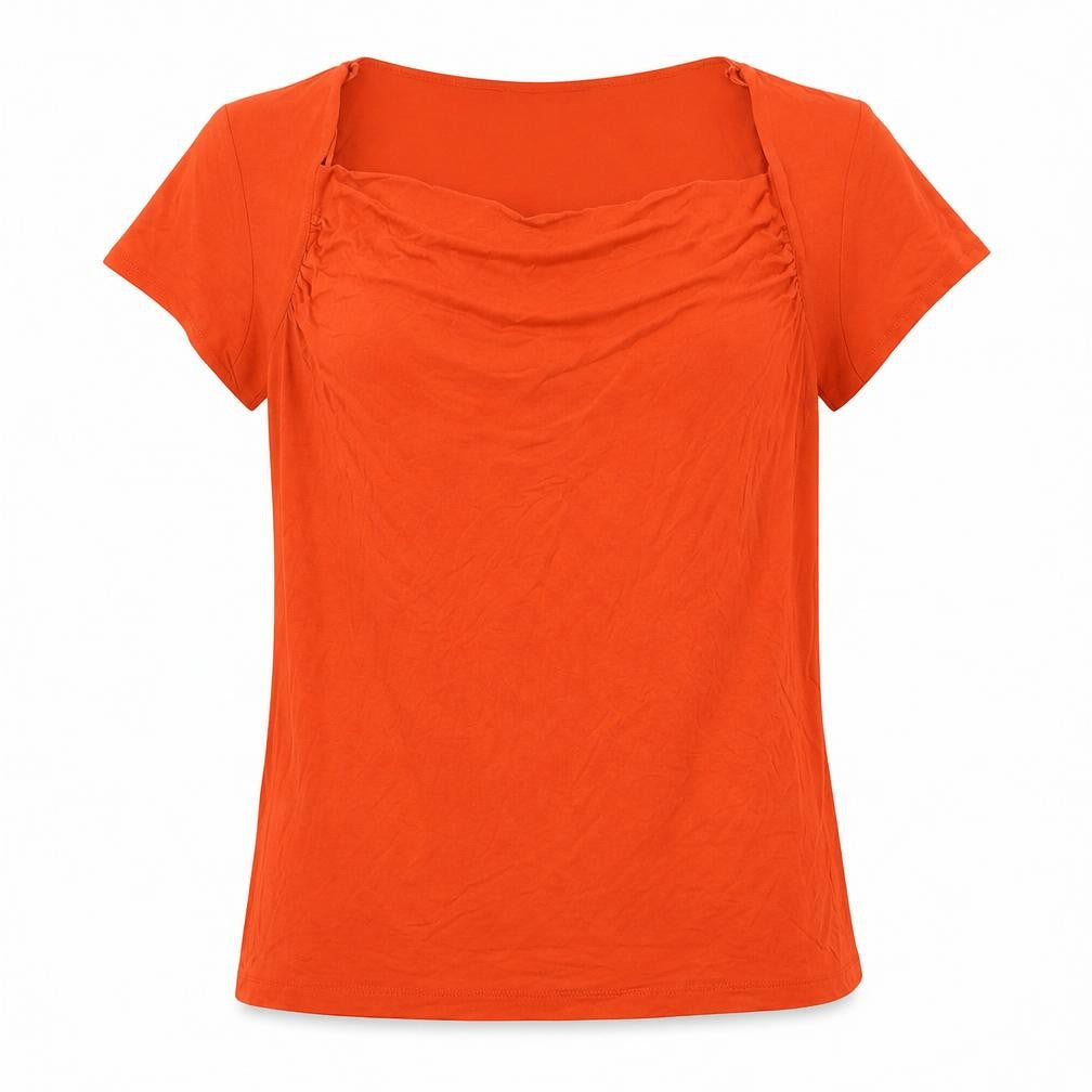 Front view of BHS women’s red viscose basic t-shirt, size UK 10, cowl neck