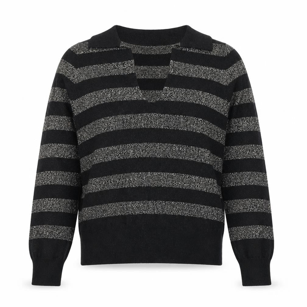 Front view of Marks & Spencer women’s black collared striped viscose jumper, size S