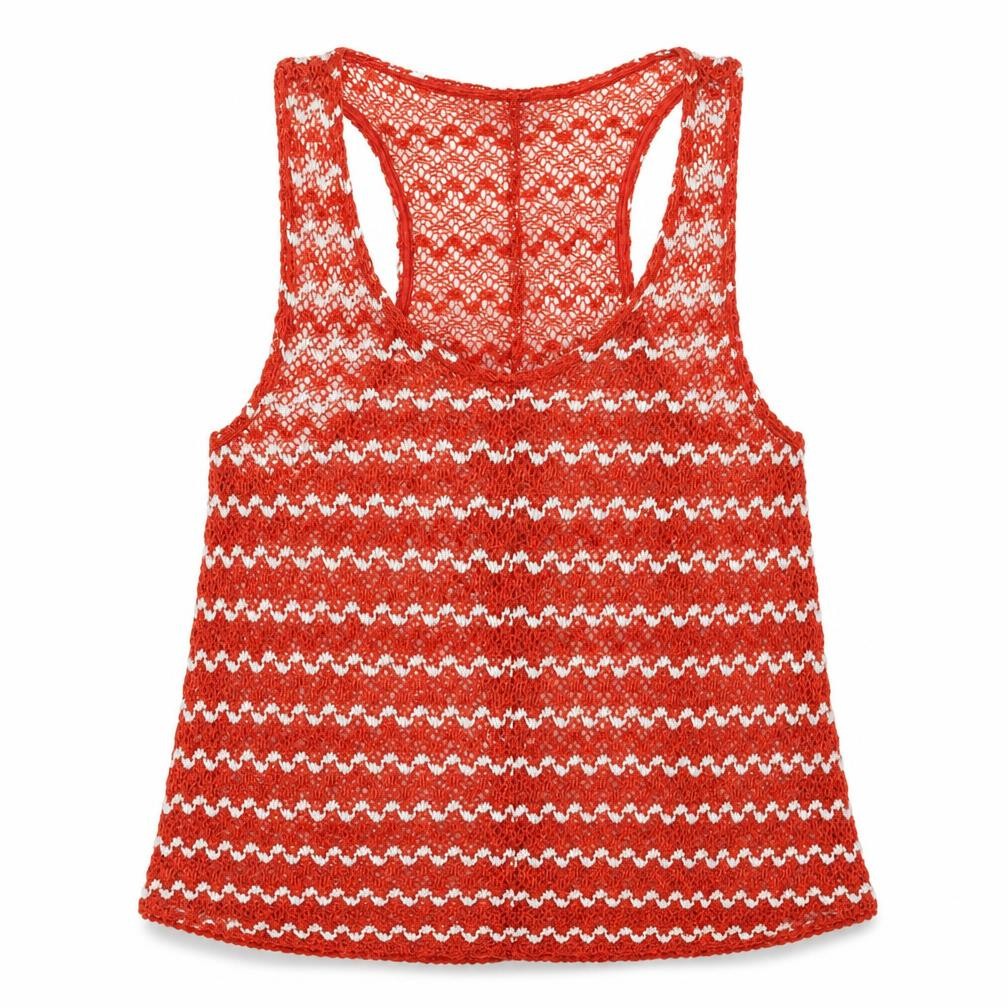 Front view of Next women’s red geometric polyester basic tank, size UK 10, v-neck