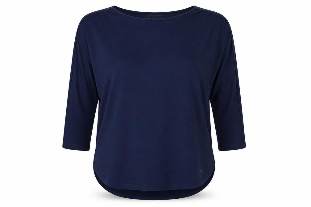 Front view of Betty Barclay women’s blue round neck polyester jumper, size UK 8