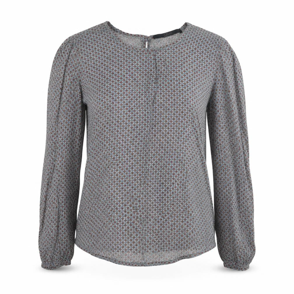 Front view of Luxzuz women’s grey geometric viscose basic blouse, size UK 6, round neck