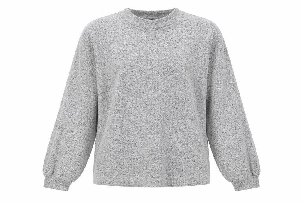 Front view of Oasis women’s grey viscose basic blouse, size L, mock neck