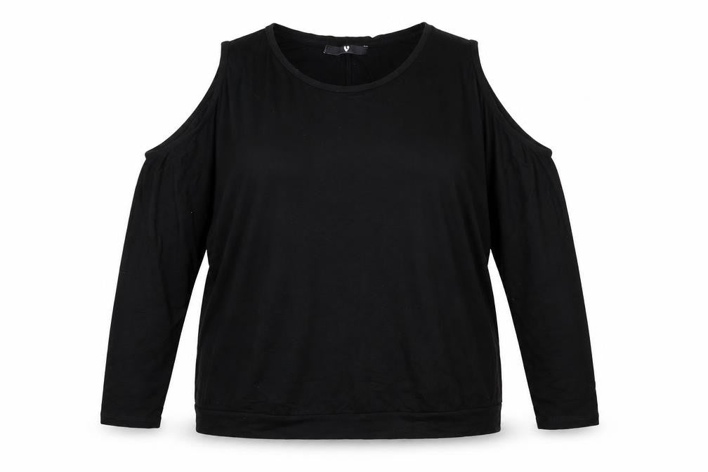 Front view of Very women’s black viscose basic blouse, size UK 14, round neck - cold shoulder