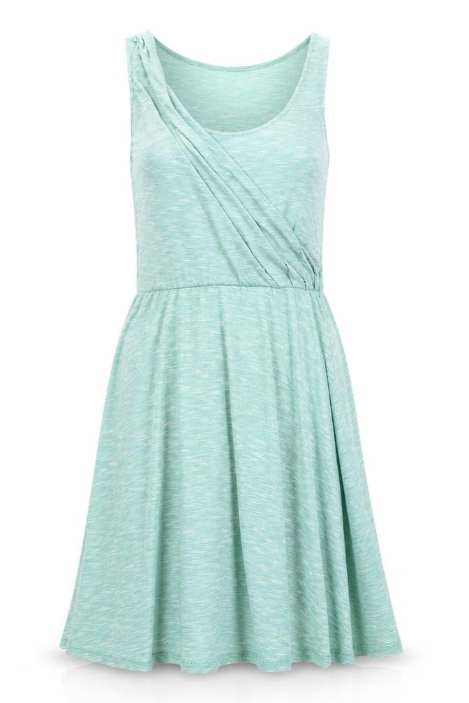 Front view of Gap women’s green viscose tank dress, size S, round neck pullover