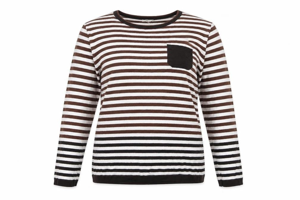 Front view of Country Casuals women’s brown round neck striped viscose jumper, size L