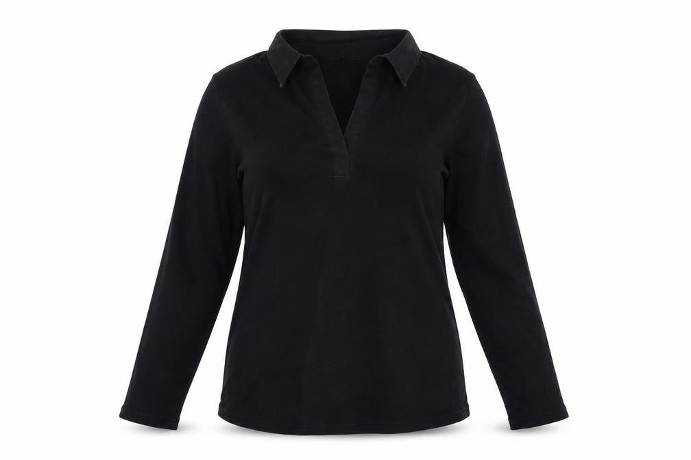 Front view of Marks & Spencer women’s black cotton basic blouse, size UK 12, collared