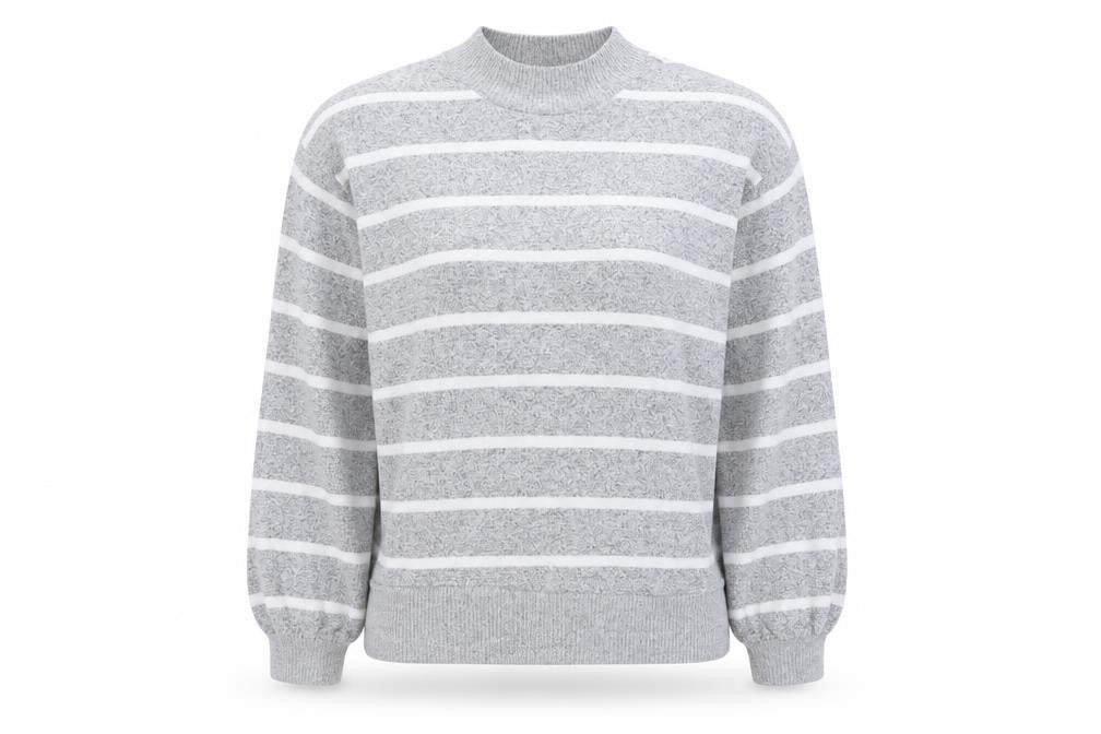 Front view of Marks & Spencer women’s grey round neck striped viscose jumper, size UK 10