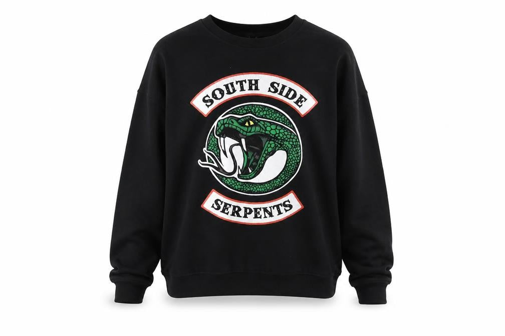 Front view of New Look women’s black cotton pullover sweatshirt, size UK 6, pullover - south side serpents