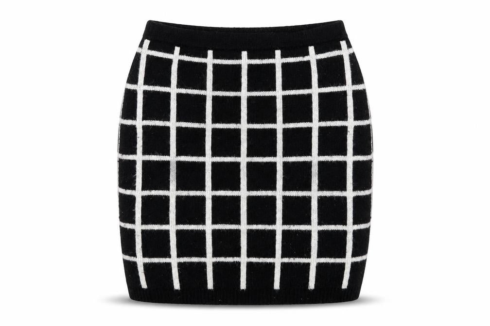 Front view of Next women’s black check nylon a-line skirt, size UK 8
