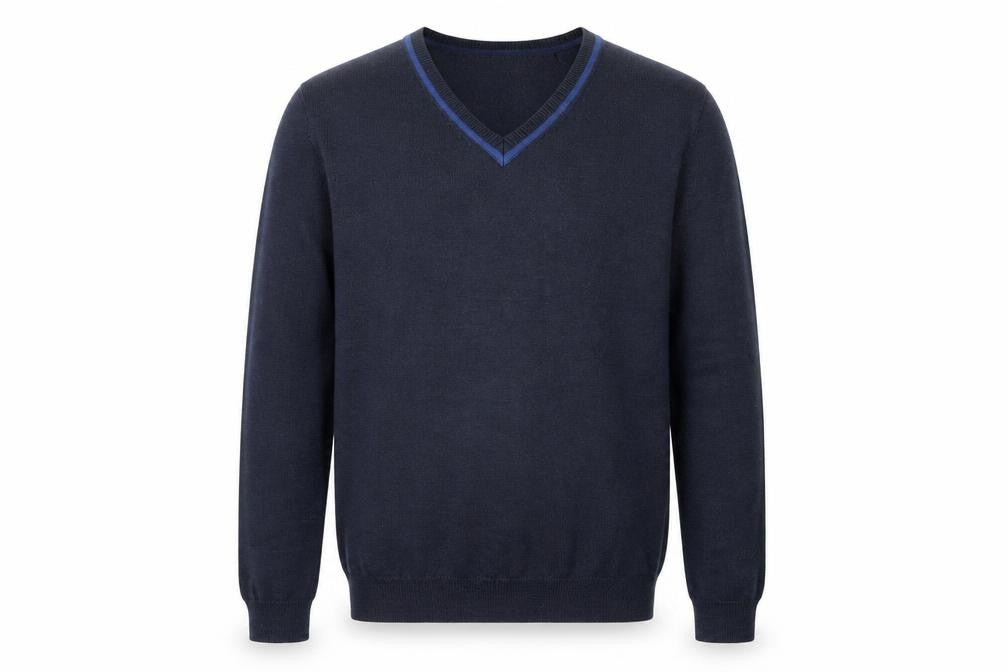 Front view of Hawkshead men’s blue v-neck wool jumper, size S, long sleeve