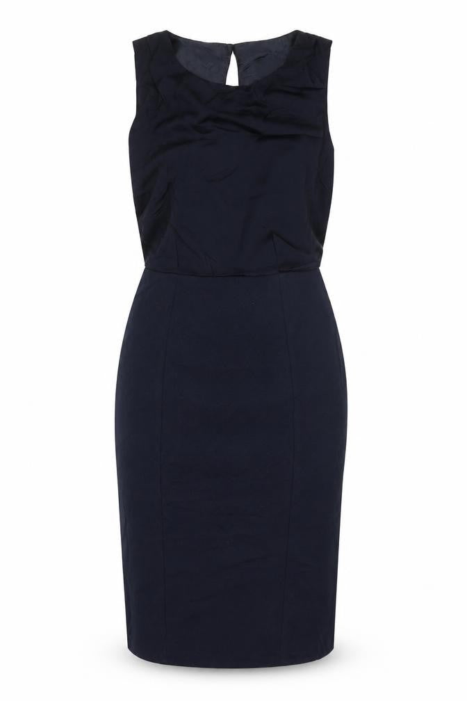 Front view of Next women’s black polyester pencil dress, size UK 6, boat neck zip