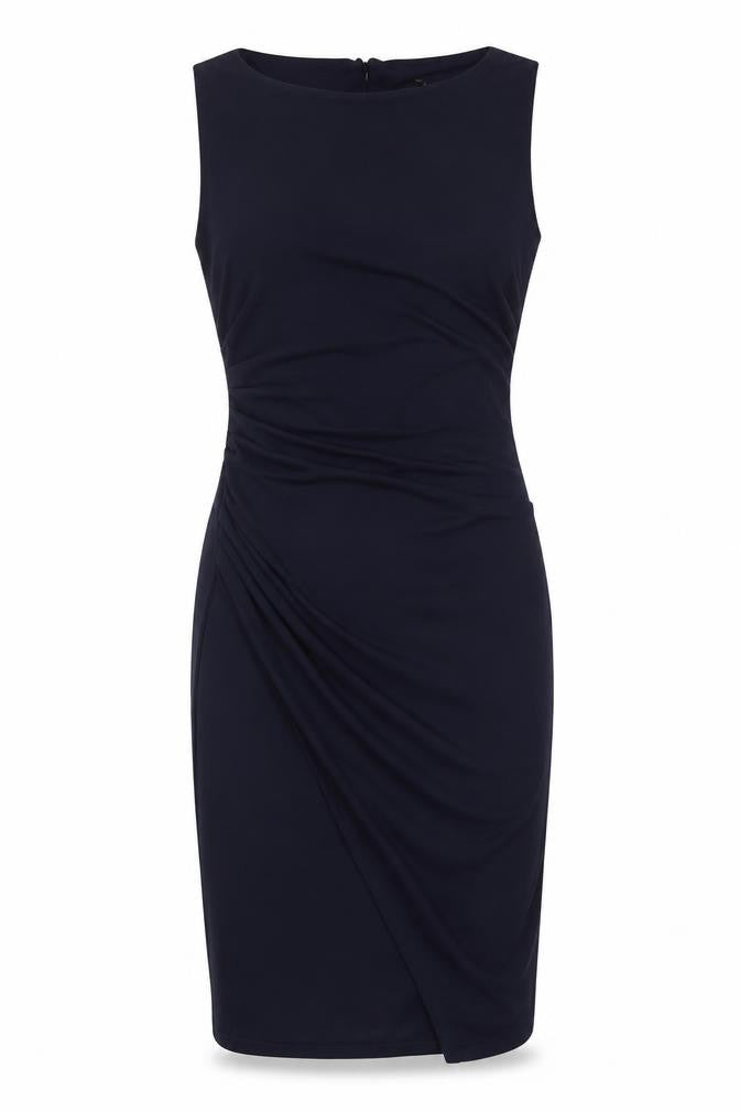 Front view of Next women’s blue polyester sheath, size UK 6, boat neck button