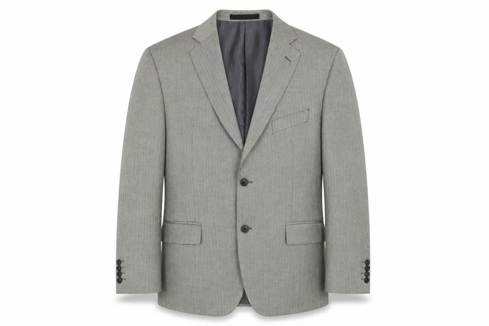 Front view of Impressions men’s grey herringbone polyester jacket suit jacket, size 42, regular