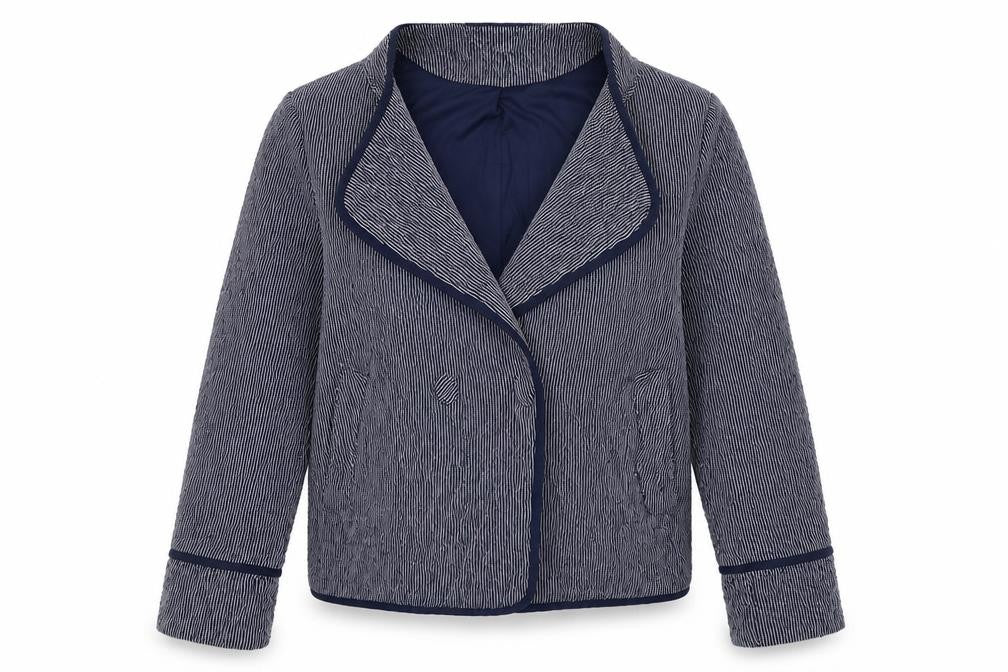 Front view of Monsoon women’s blue geometric jacket, size UK 12, button