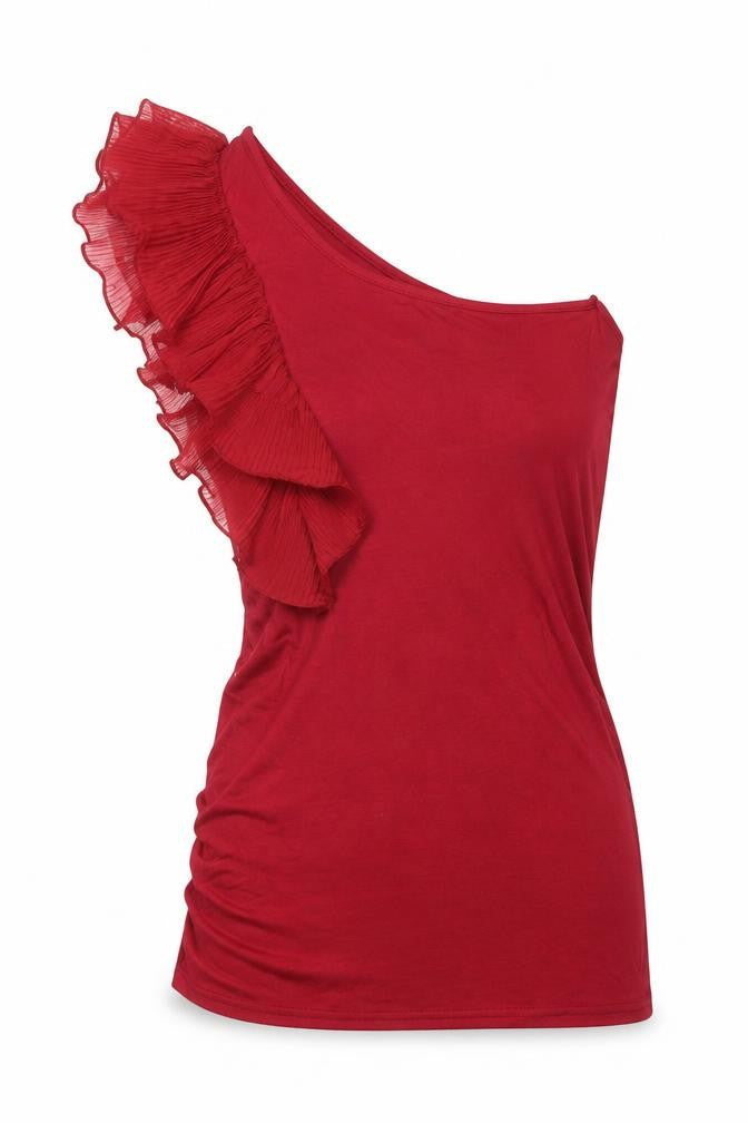 Front view of Miso women’s red viscose basic t-shirt, size UK 6, one shoulder