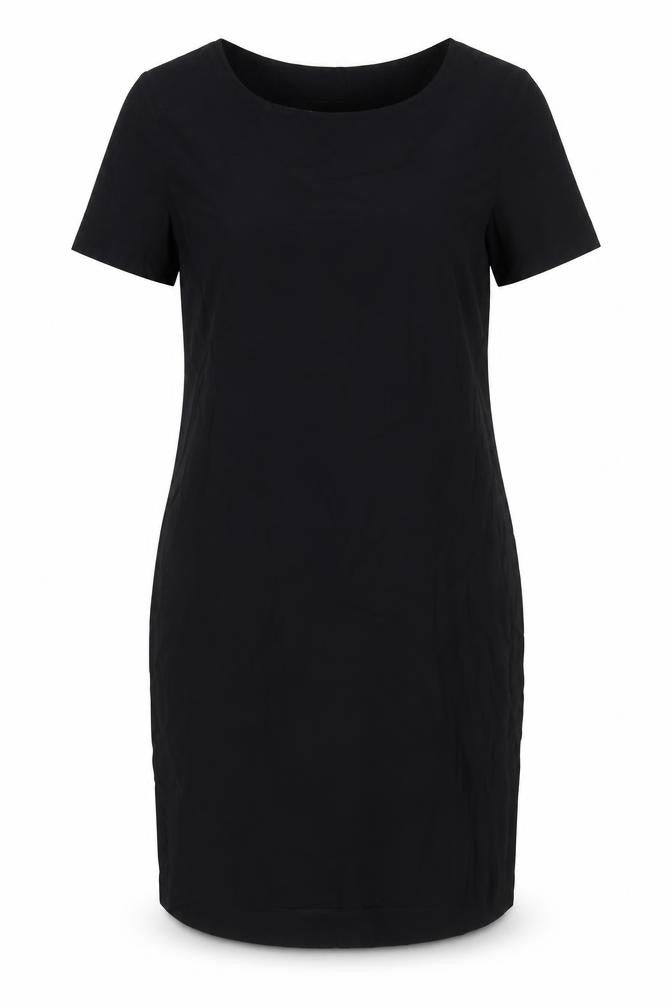 Front view of Adrienne Vittadini women’s black acetate sheath, size M, boat neck button
