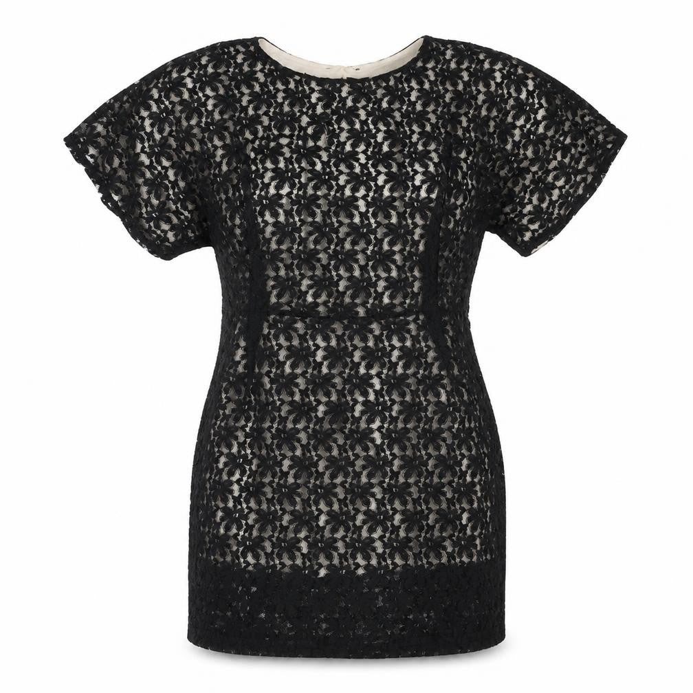 Front view of Topshop women’s black geometric polyester shift, size UK 10, round neck button