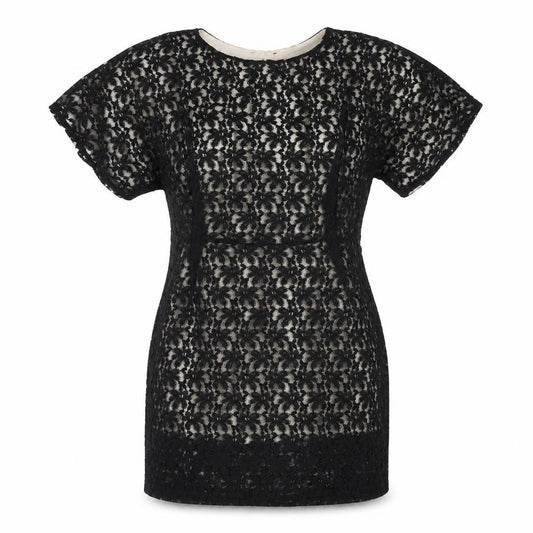 Front view of Topshop women’s black geometric polyester shift, size UK 10, round neck button
