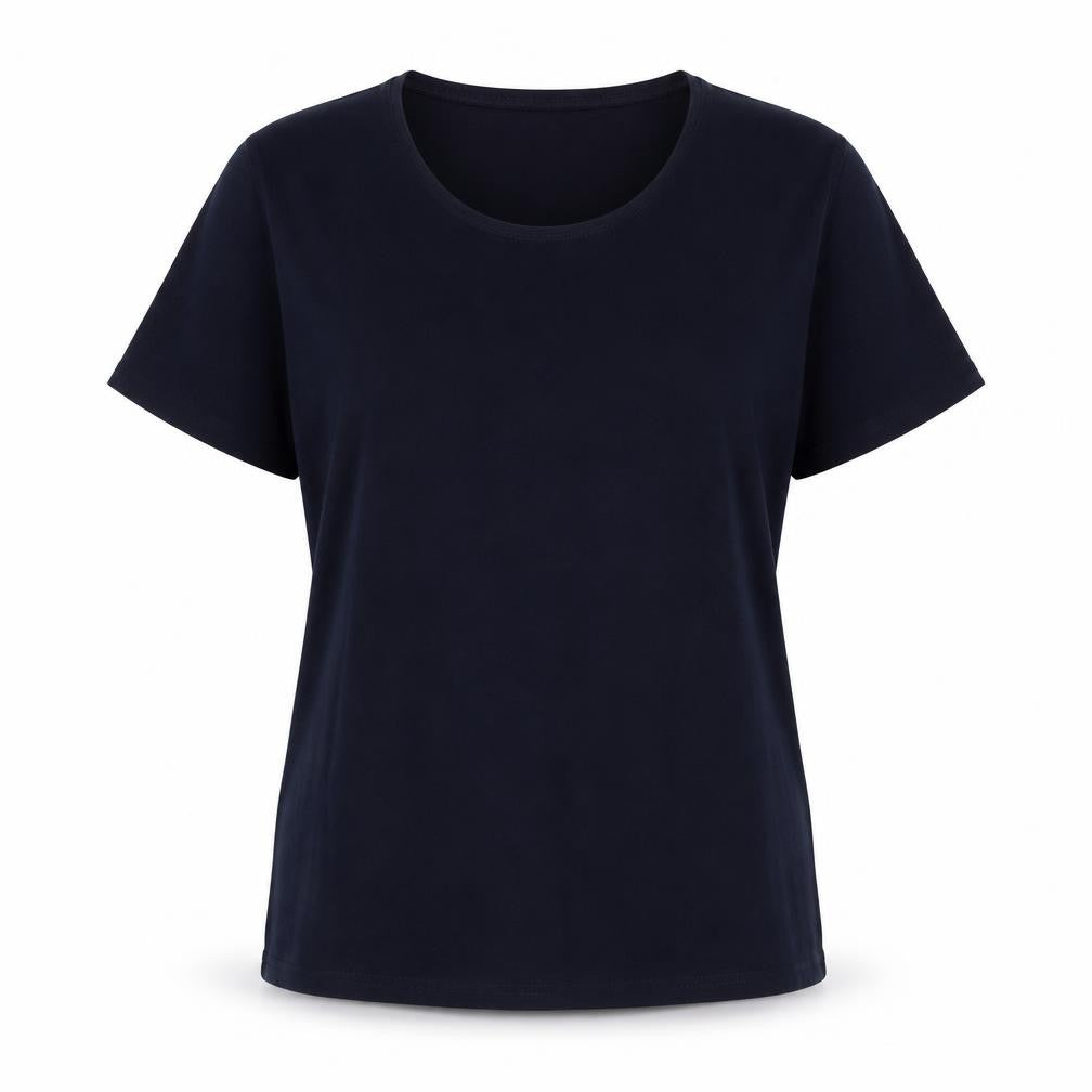 Front view of TEXT women’s blue polyester basic t-shirt, size L, round neck