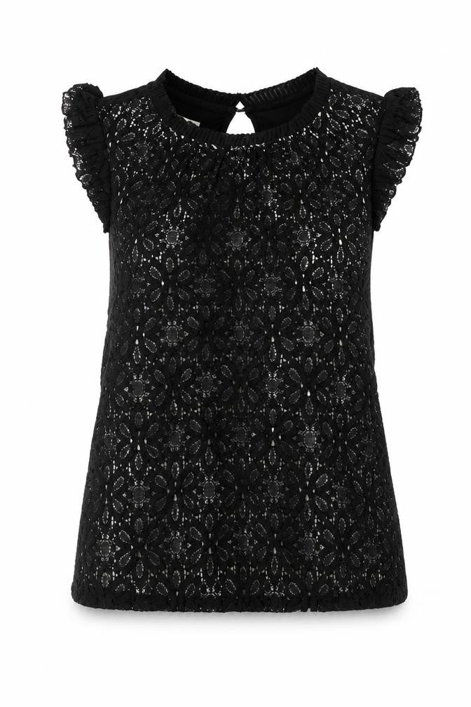Front view of Oasis women’s black geometric cotton basic tank, size M, round neck