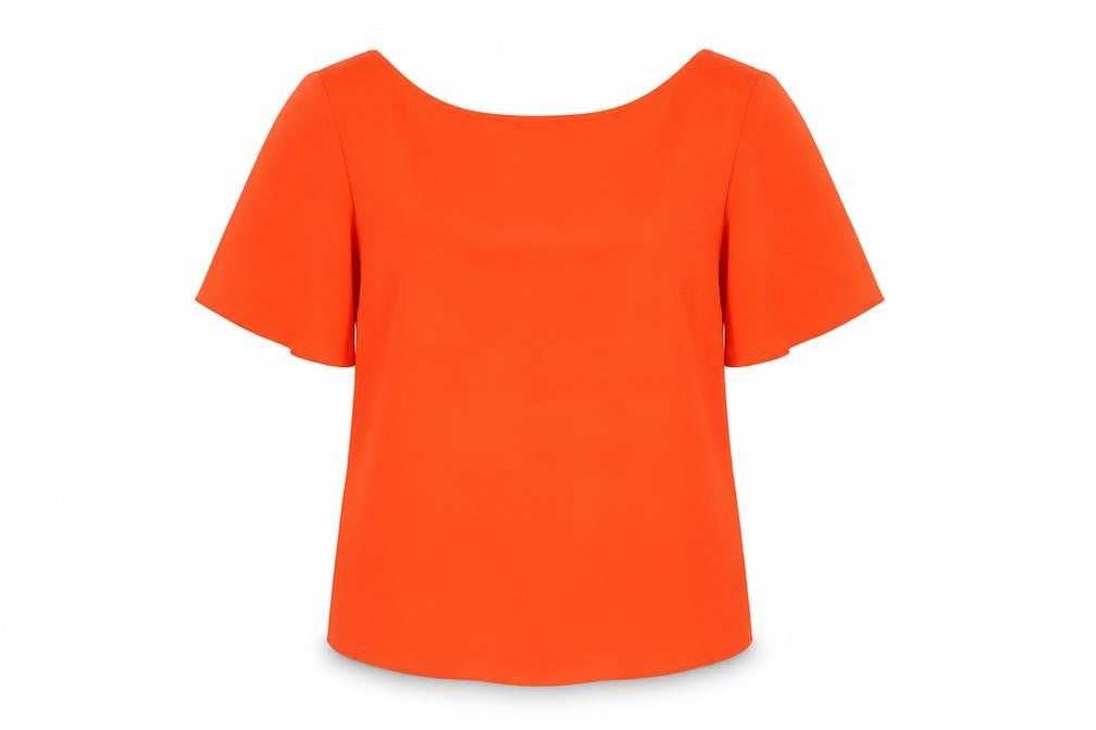 Front view of Warehouse women’s orange polyester basic blouse, size UK 8, round neck - twist detail