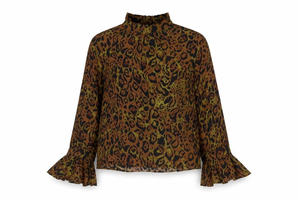 Front view of H&M women’s brown animal print viscose basic blouse, size S, high neck