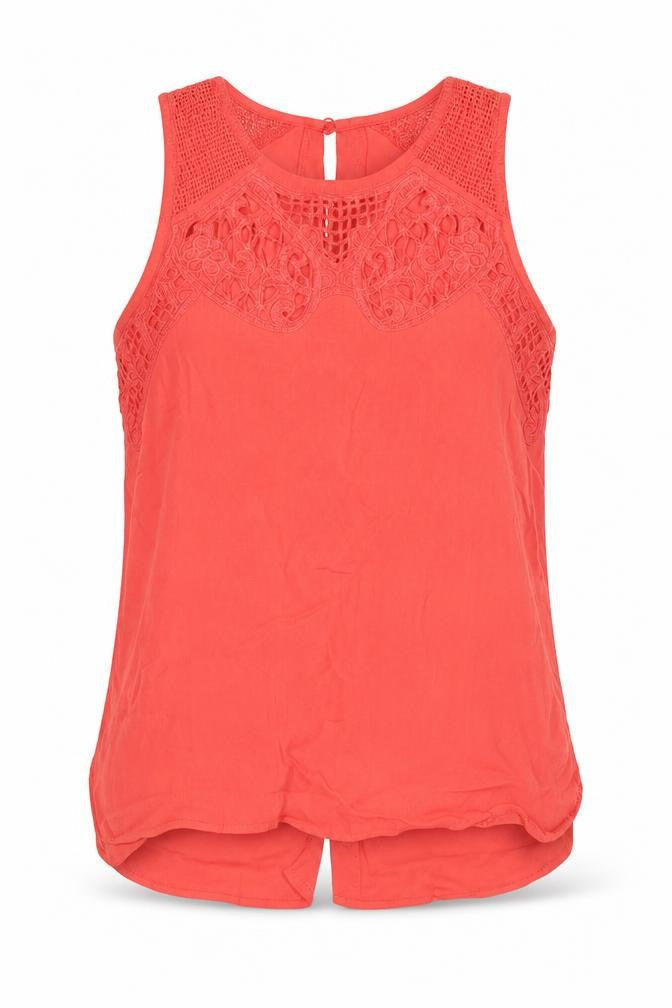 Front view of River Island women’s pink viscose basic tank, size UK 10, round neck - crocheted lace detail